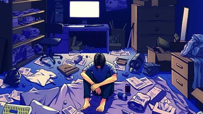 illustration of an anxious man sitting on bed with lots of clutter