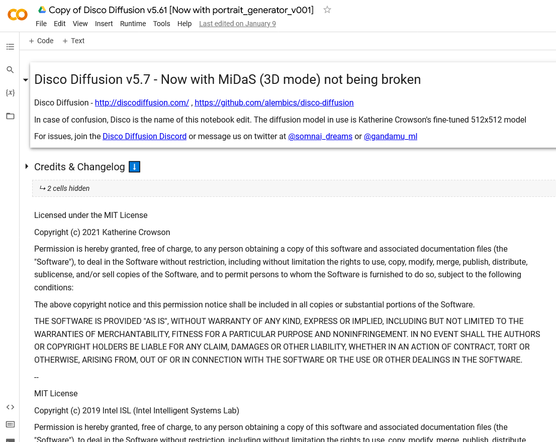 Disco Diffusion notebook on Google Colab