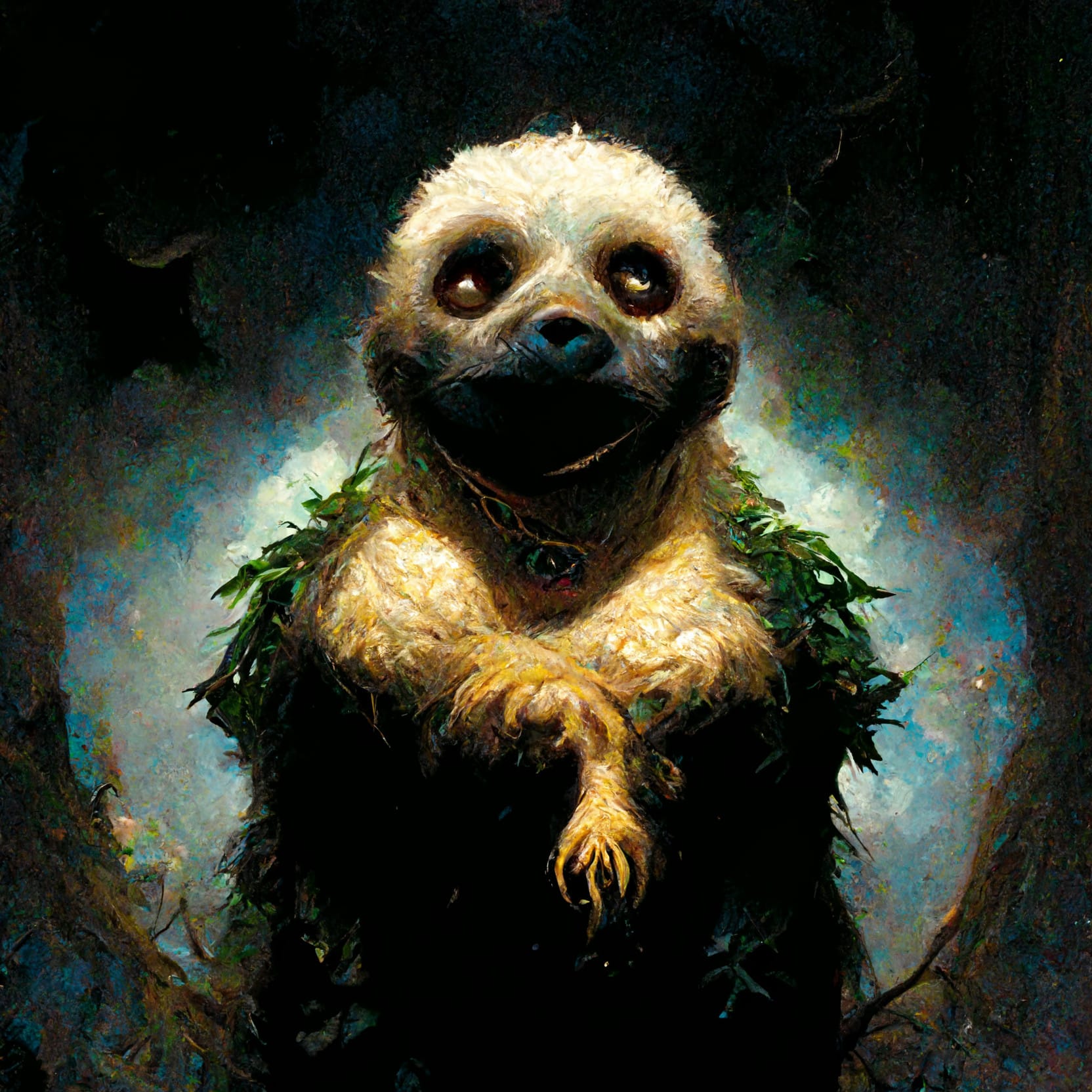 AI generated image of a mystical sloth, by Midjourney