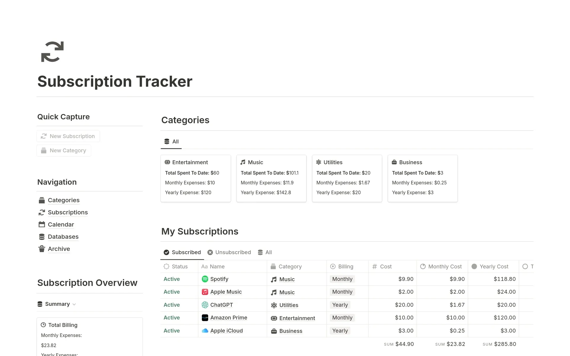 subscription tracker notion template