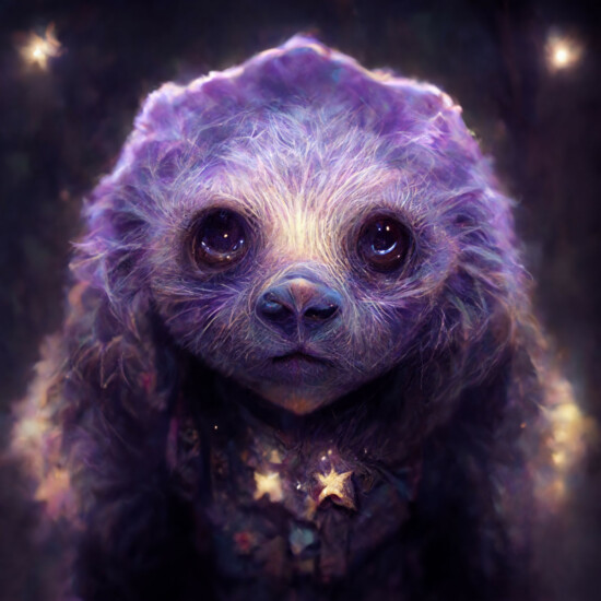 AI generated image of an amethyst sloth, by Midjourney